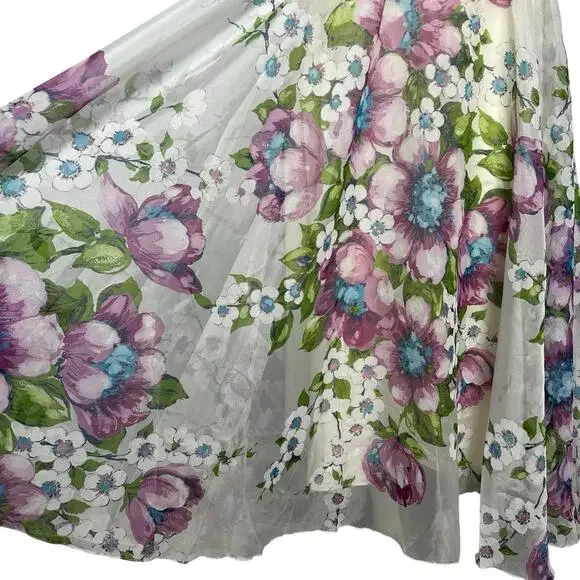 Vintage 70s Romantic Floral Maxi Skirt Pink Purple Sheer Overlay Small - Picture 2 of 5